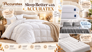 ACCURATEX bedding collection displayed in cozy bedroom settings, featuring a fluffy white comforter, supportive pillows, silky grey cooling sheets, and a quilted mattress topper, with illustrated product highlights and elegant promotional text.