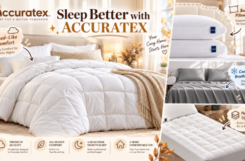 ACCURATEX bedding collection displayed in cozy bedroom settings, featuring a fluffy white comforter, supportive pillows, silky grey cooling sheets, and a quilted mattress topper, with illustrated product highlights and elegant promotional text.