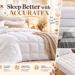 ACCURATEX bedding collection displayed in cozy bedroom settings, featuring a fluffy white comforter, supportive pillows, silky grey cooling sheets, and a quilted mattress topper, with illustrated product highlights and elegant promotional text.