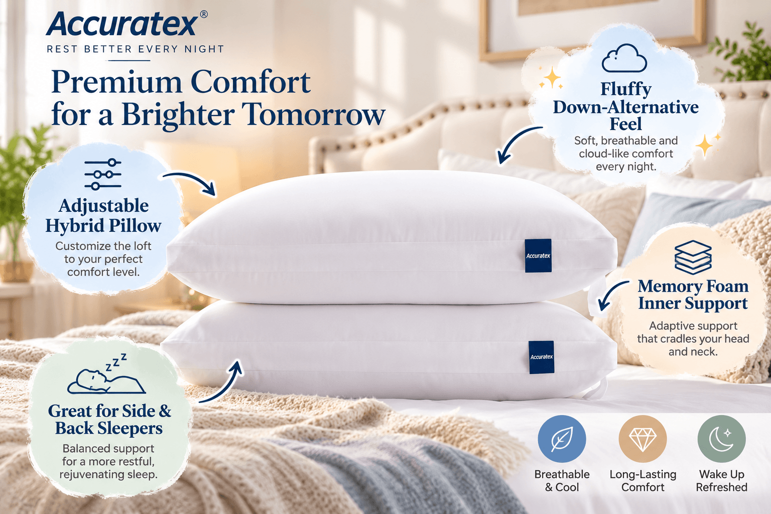 Two white ACCURATEX adjustable hybrid pillows with blue brand labels stacked on a cozy bed, featuring fluffy down-alternative filling, memory foam inner support, and illustrated callouts highlighting customizable comfort for side and back sleepers.