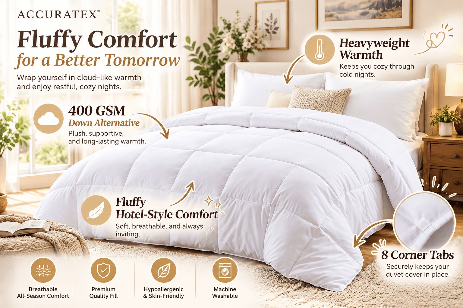 Fluffy white ACCURATEX 400 GSM down-alternative comforter spread across a stylish bedroom bed, featuring thick quilted construction, hotel-style warmth, and illustrated callouts highlighting its soft filling and eight corner tabs.