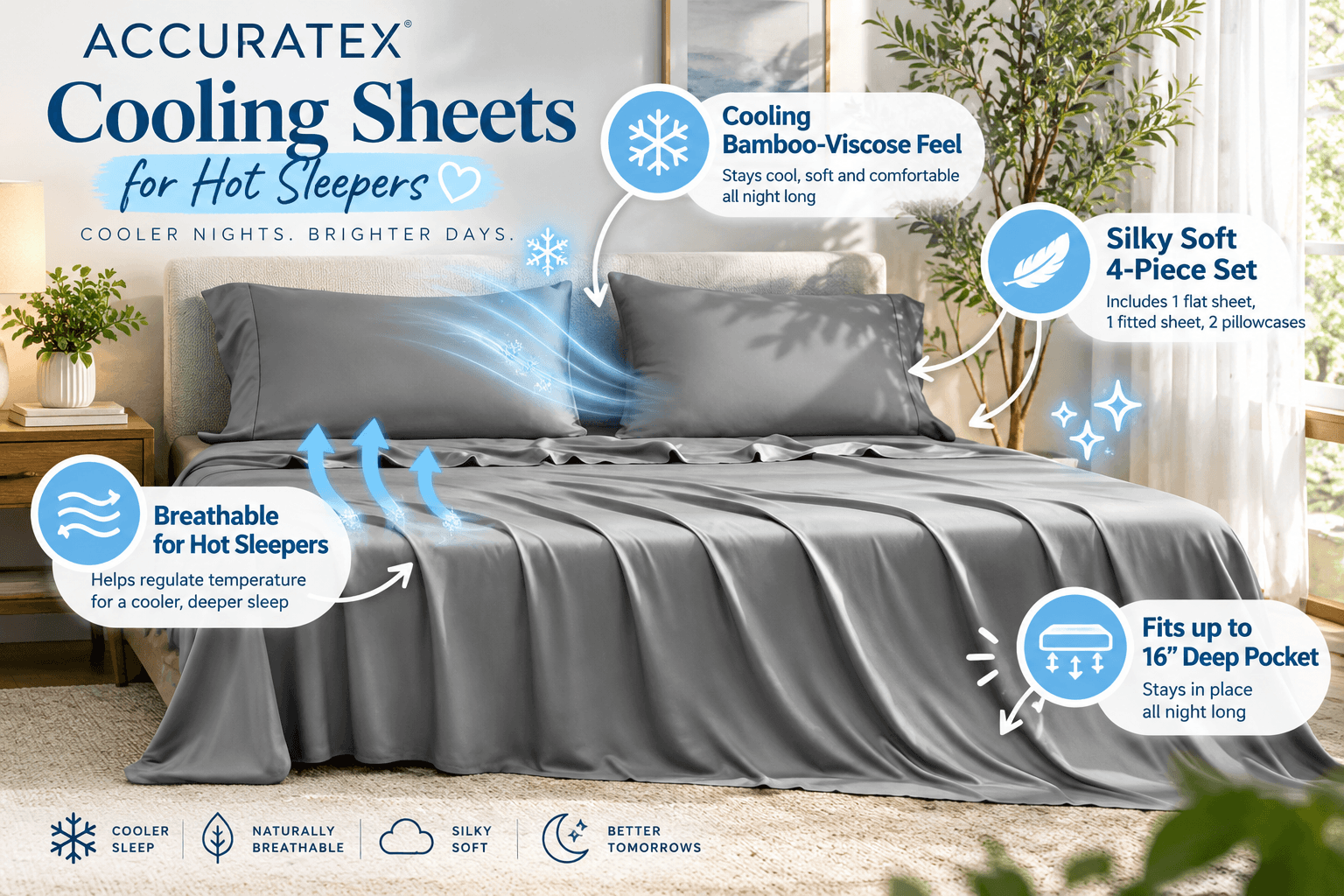 Grey ACCURATEX bamboo-viscose cooling sheet set elegantly arranged on a modern bed, featuring silky smooth fabric, matching pillowcases, breathable comfort, and illustrated blue snowflake icons highlighting cooling properties and deep-pocket fit.