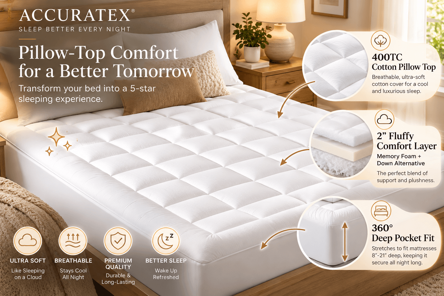 White ACCURATEX queen mattress pad displayed on a cozy bedroom bed, featuring a plush quilted 400-thread-count cotton pillow top, a 2-inch comfort layer with memory foam and down-alternative filling, and illustrated deep-pocket fit details.