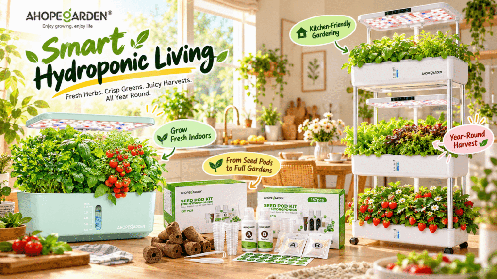 AHOPEGARDEN hydroponic gardens and seed pod kits displayed in a sunlit kitchen, featuring fresh herbs, tomatoes, strawberries, LED grow lights, and colorful gardening callouts.