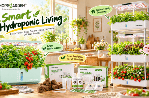 AHOPEGARDEN hydroponic gardens and seed pod kits displayed in a sunlit kitchen, featuring fresh herbs, tomatoes, strawberries, LED grow lights, and colorful gardening callouts.