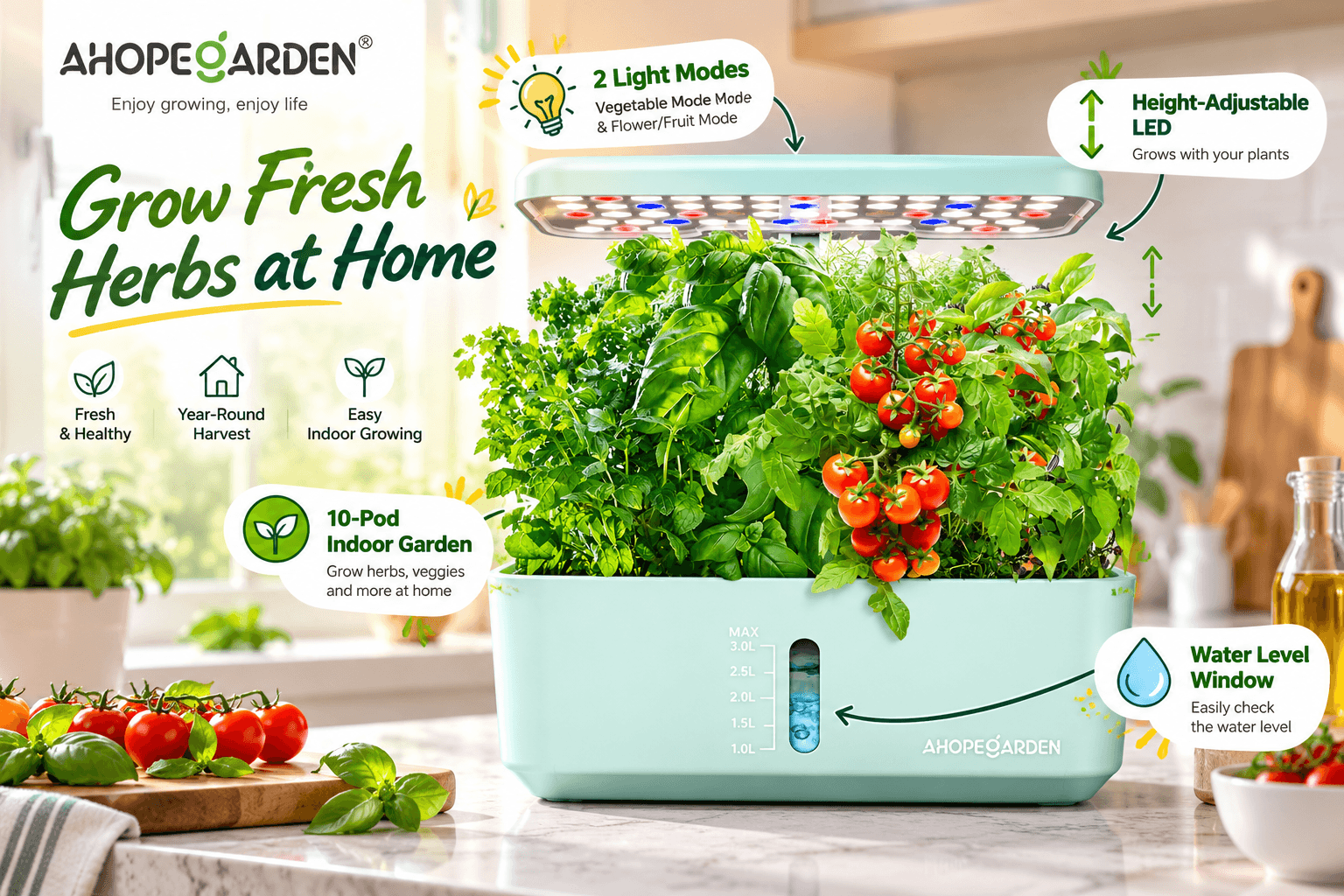 Mint-green AHOPEGARDEN 10-pod indoor hydroponic garden growing basil and cherry tomatoes, with adjustable LED lights, two lighting modes, and a visible water-level window.