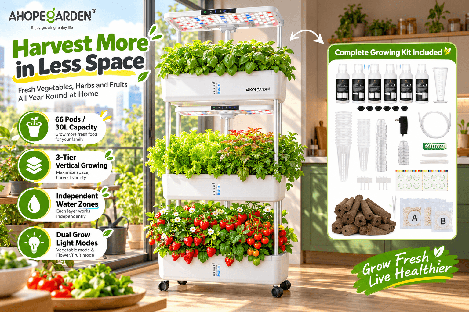 AHOPEGARDEN 66-pod, 30L three-tier hydroponic growing system in a sunny home, featuring fresh herbs, lettuce, strawberries, adjustable LED grow lights, and gardening accessories.