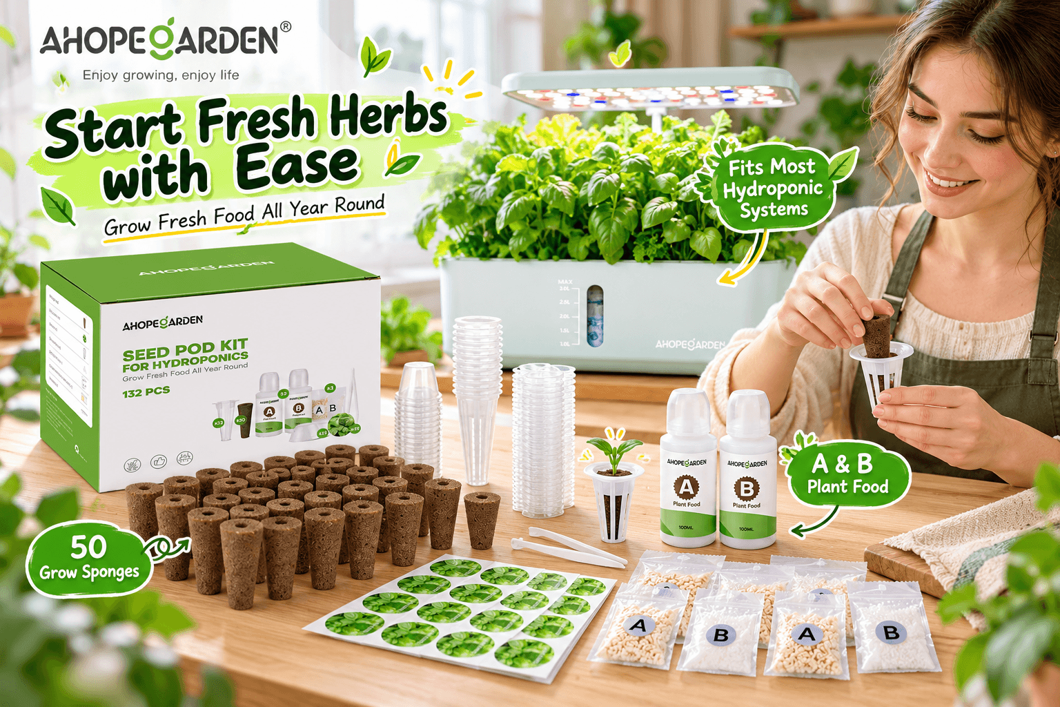 AHOPEGARDEN 132-piece hydroponic seed pod kit on a wooden table, featuring 50 grow sponges, seed baskets, labels, and A&B plant nutrients as a woman prepares seedlings.