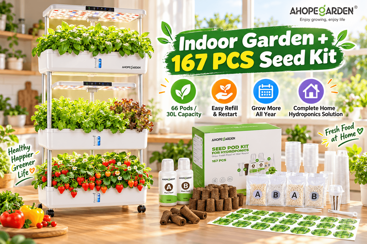 AHOPEGARDEN three-tier 66-pod hydroponic garden paired with a 167-piece seed pod kit, featuring LED grow lights, fresh vegetables, strawberries, grow sponges, and plant nutrients.
