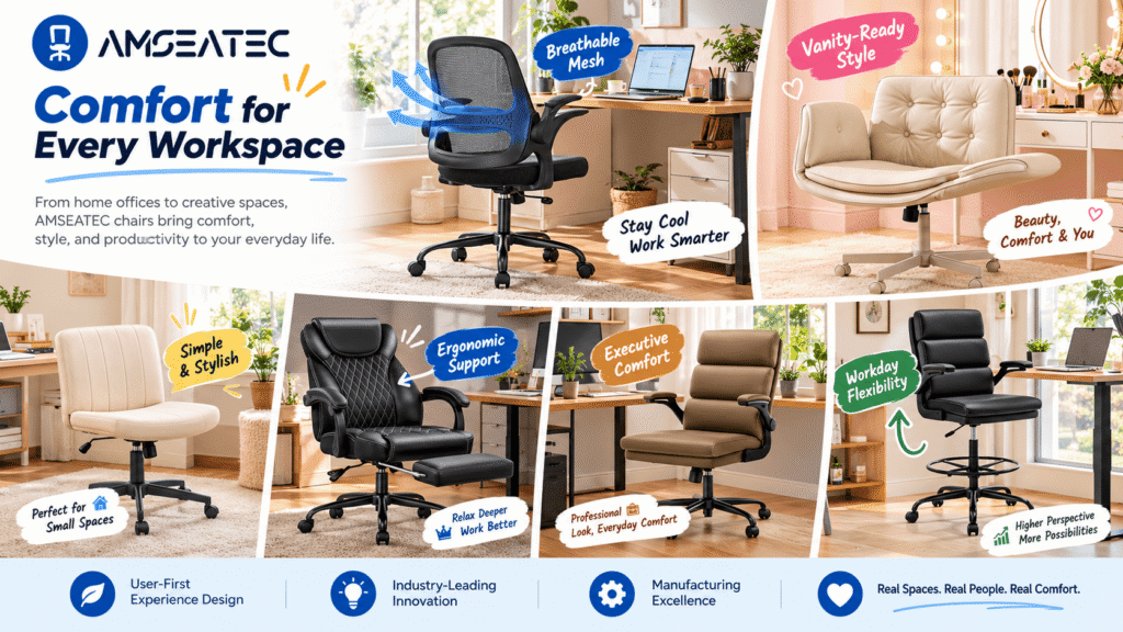 AMSEATEC office chair collection displayed in stylish home offices and vanity spaces, featuring breathable mesh chairs, criss cross vanity seating, ergonomic executive chairs, and drafting chairs with colorful comfort and functionality annotations.