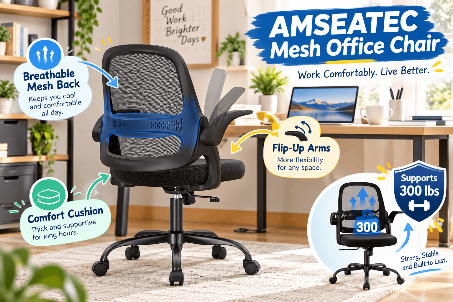 AMSEATEC ergonomic mesh office chair with blue-accented breathable backrest, flip-up armrests, cushioned seat, and rolling base in a modern home office. Colorful illustrated labels highlight airflow, comfort, flexibility, and 300 lb capacity.