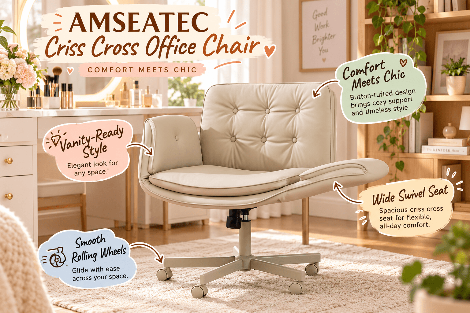 AMSEATEC cream-colored criss cross office chair with button-tufted upholstery, a wide cushioned swivel seat, and rolling wheels in an elegant vanity room. Pastel cartoon annotations highlight chic styling, spacious seating, and mobility.