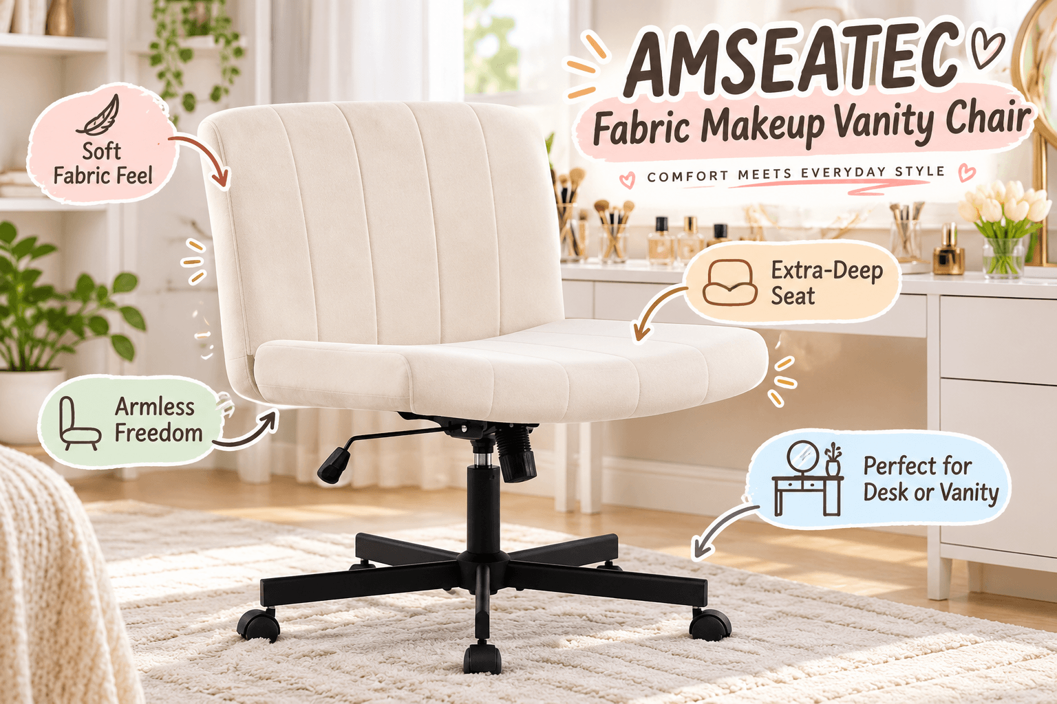 AMSEATEC cream fabric makeup vanity chair featuring a vertically stitched backrest, extra-deep padded seat, armless design, and black rolling base. Displayed in a cozy vanity setting with playful annotations highlighting comfort and versatility.