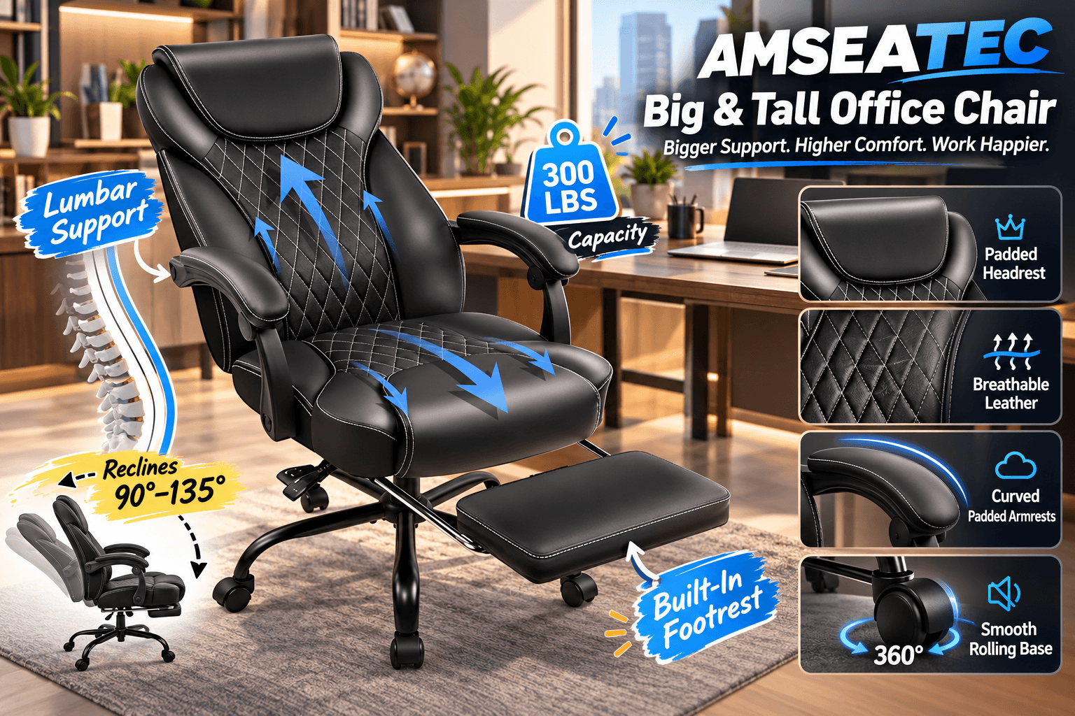 AMSEATEC black big and tall executive office chair with diamond-quilted leather upholstery, padded headrest, lumbar support, and extendable footrest. Modern office infographic highlights 90°–135° reclining and 300 lb weight capacity.