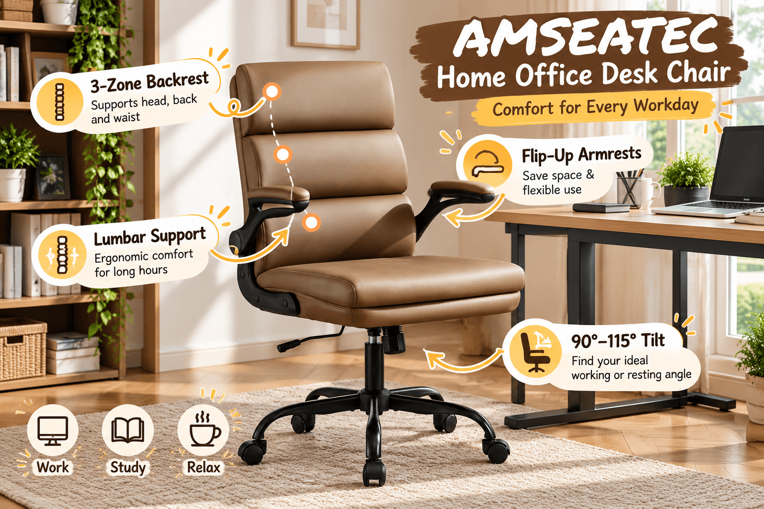 AMSEATEC brown leather home office desk chair with a three-zone padded backrest, lumbar support, flip-up armrests, and wheeled swivel base. Set beside a modern wooden desk with illustrated labels highlighting comfort and 90°–115° tilt.