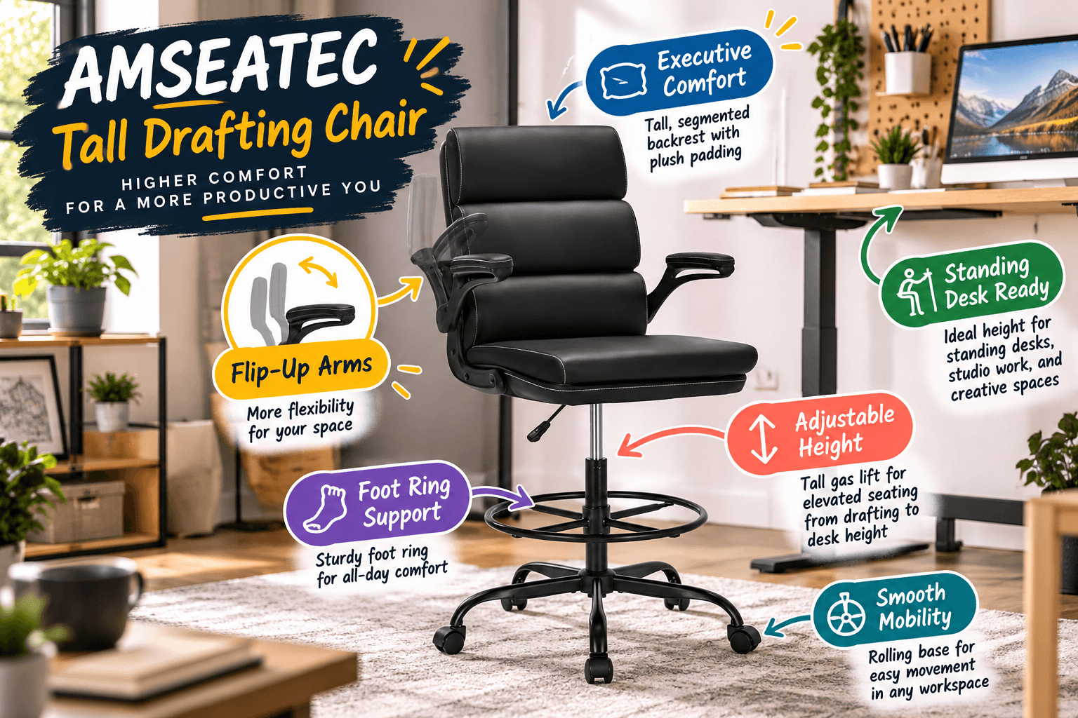 AMSEATEC black tall drafting chair with segmented padded backrest, flip-up armrests, adjustable seat height, circular footrest, and rolling base. Displayed beside a standing desk with colorful annotations highlighting flexibility and comfort.