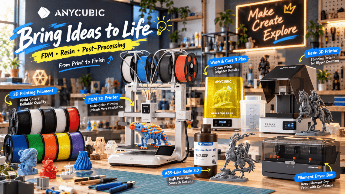 ANYCUBIC 3D printing workshop featuring a multicolor FDM printer, colorful filament spools, resin printer, ABS-Like Resin 3.0, filament dryer, and Wash & Cure 3 Plus, with creative English annotations and 3D-printed models.