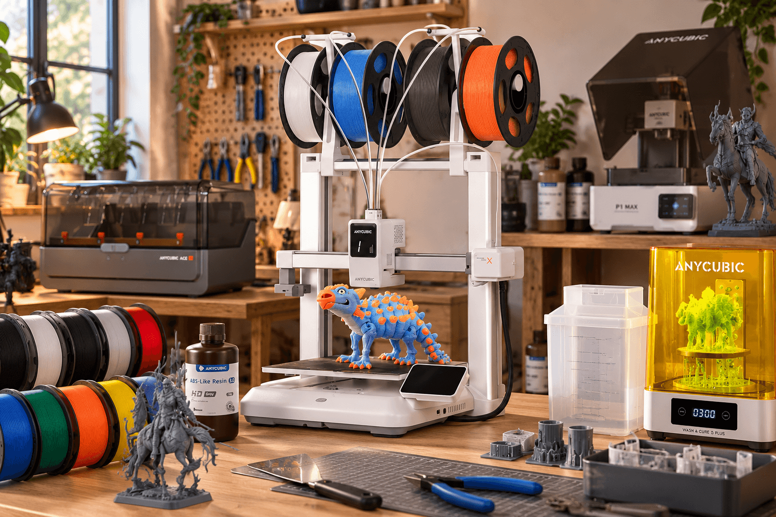 ANYCUBIC multicolor 3D printer with a white frame and multiple filament spools, displaying a blue-and-orange dinosaur model on its build plate in a realistic home workshop surrounded by 3D printing supplies and creative projects.