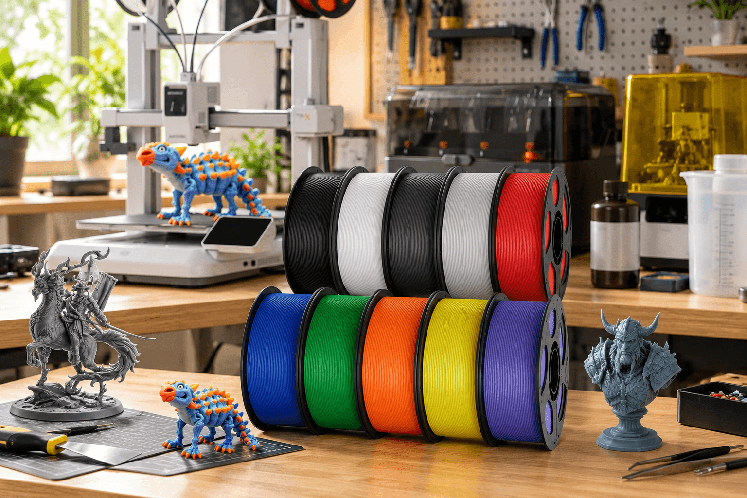 ANYCUBIC 3D printing filament spools in black, white, red, blue, green, orange, yellow, and purple, arranged on a wooden maker workbench with a 3D printer, colorful dinosaur models, resin miniatures, and crafting tools.