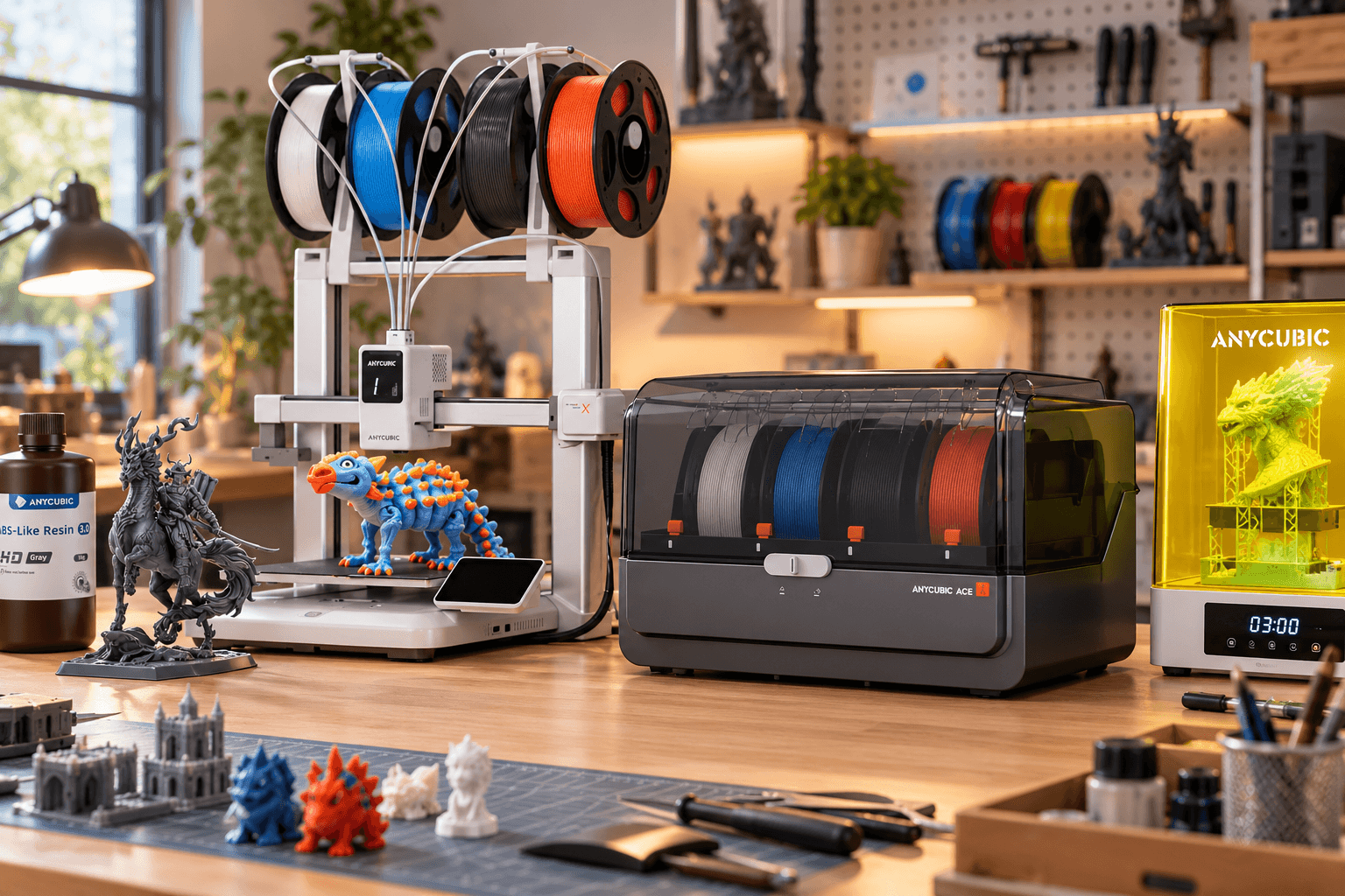 ANYCUBIC ACE filament dryer box with a dark gray body and translucent cover showing multiple filament spools inside, placed on a wooden workshop desk beside a multicolor 3D printer, printed dinosaur, and resin post-processing equipment.