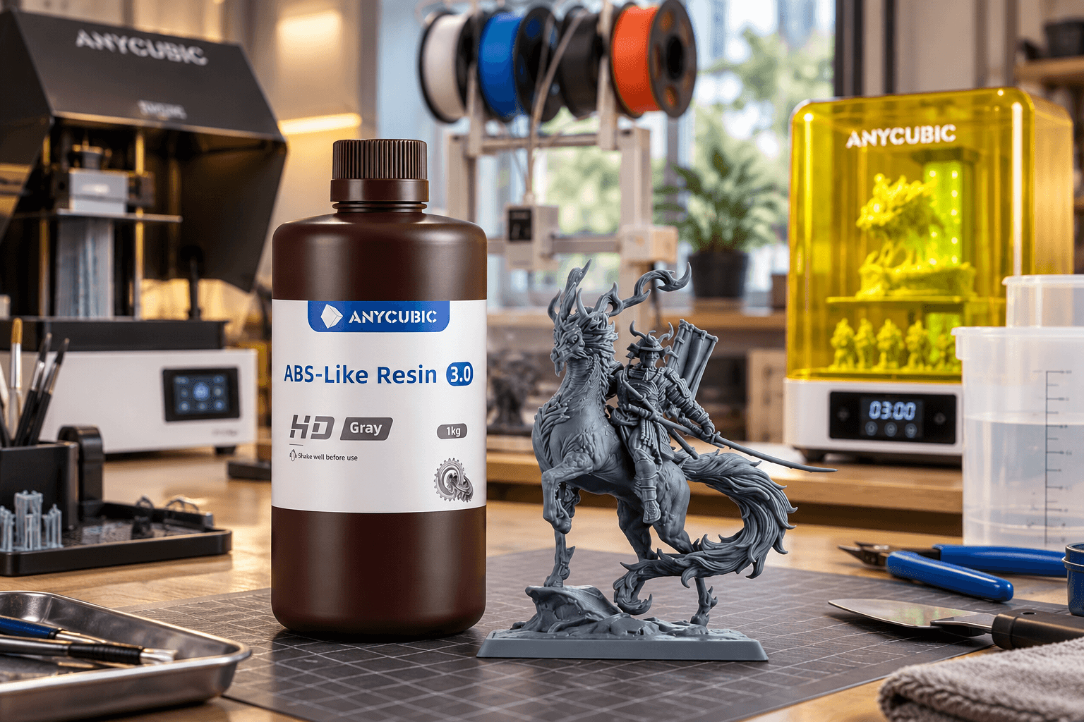 ANYCUBIC ABS-Like Resin 3.0 Gray 1kg bottle with its blue-and-white product label beside a detailed gray resin miniature of an armored rider on horseback, displayed in a realistic 3D printing workshop with resin printers and finishing tools.