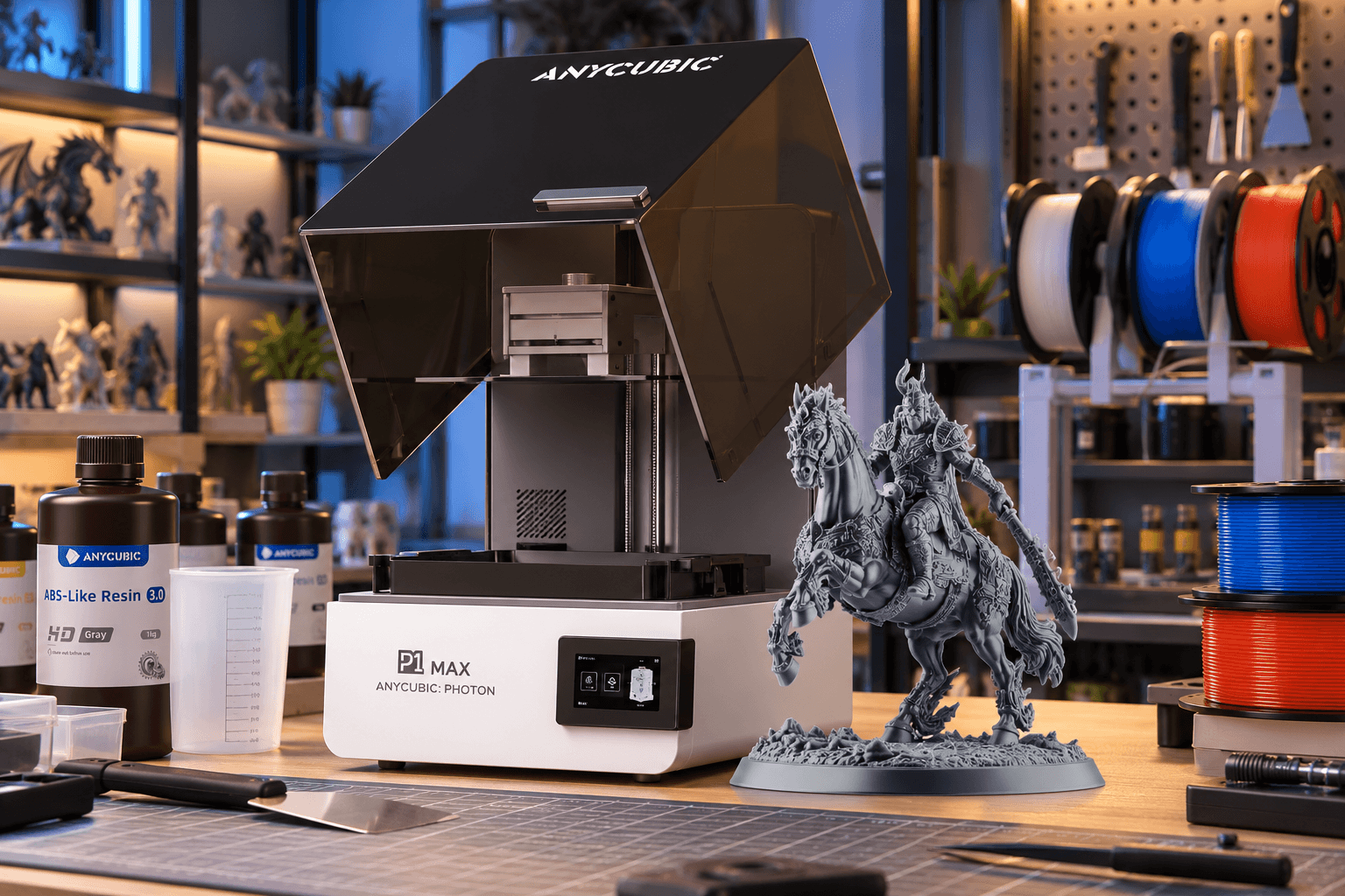 ANYCUBIC Photon P1 Max resin 3D printer with a black angular protective hood, white base, and front touchscreen, displayed beside a highly detailed gray mounted warrior miniature in a realistic model-making workshop.