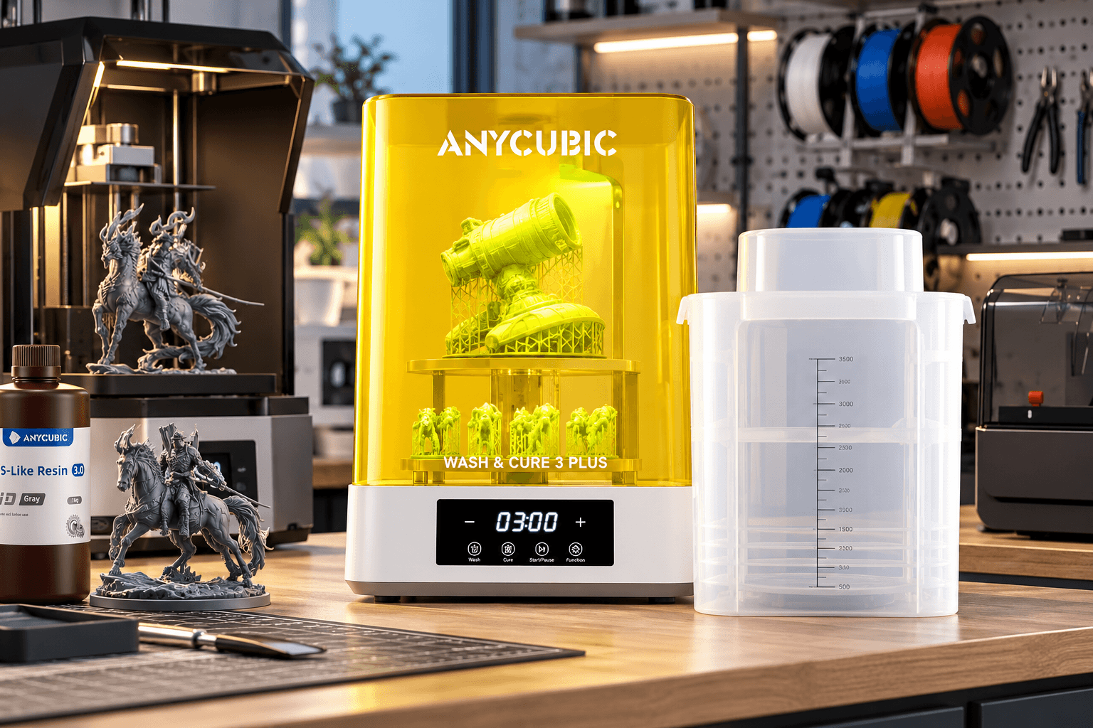 ANYCUBIC Wash & Cure 3 Plus resin post-processing station with a yellow translucent cover, white base, digital control panel, and separate cleaning container, displayed on a workshop bench with gray resin miniatures and 3D printing equipment.