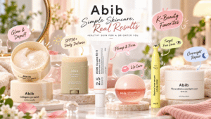 Abib K-beauty skincare collection featuring six products on a pastel vanity, with playful illustrations highlighting eye care, SPF50+ sun protection, facial firming, lip hydration, and overnight skincare.