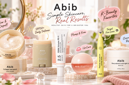 Abib K-beauty skincare collection featuring six products on a pastel vanity, with playful illustrations highlighting eye care, SPF50+ sun protection, facial firming, lip hydration, and overnight skincare.