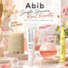 Abib K-beauty skincare collection featuring six products on a pastel vanity, with playful illustrations highlighting eye care, SPF50+ sun protection, facial firming, lip hydration, and overnight skincare.
