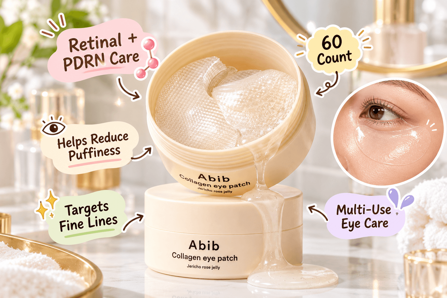 Abib Collagen Eye Patches in a beige jar with translucent jelly patches, displayed on a vanity with an under-eye application close-up and pastel callouts for PDRN, retinal, 60 patches, puffiness, and fine-line care.
