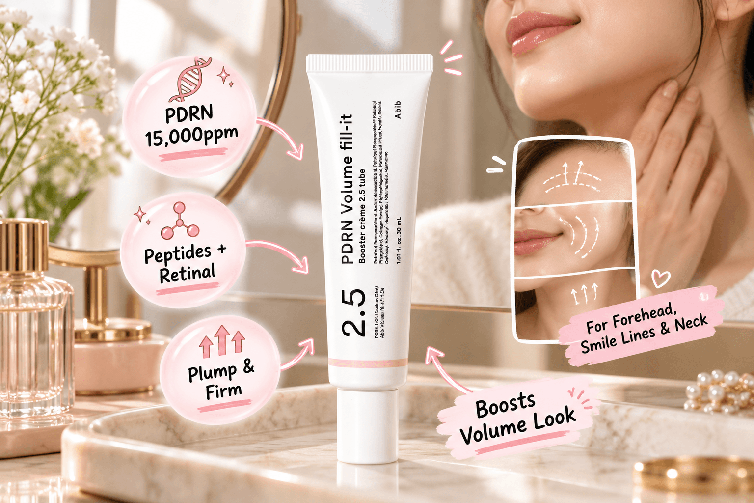 Abib PDRN Volume Fill-it 2.5 Booster Cream on a marble vanity beside face and neck close-ups, with pink graphic callouts highlighting PDRN 15,000 ppm, peptides, retinal, and plumping facial care.