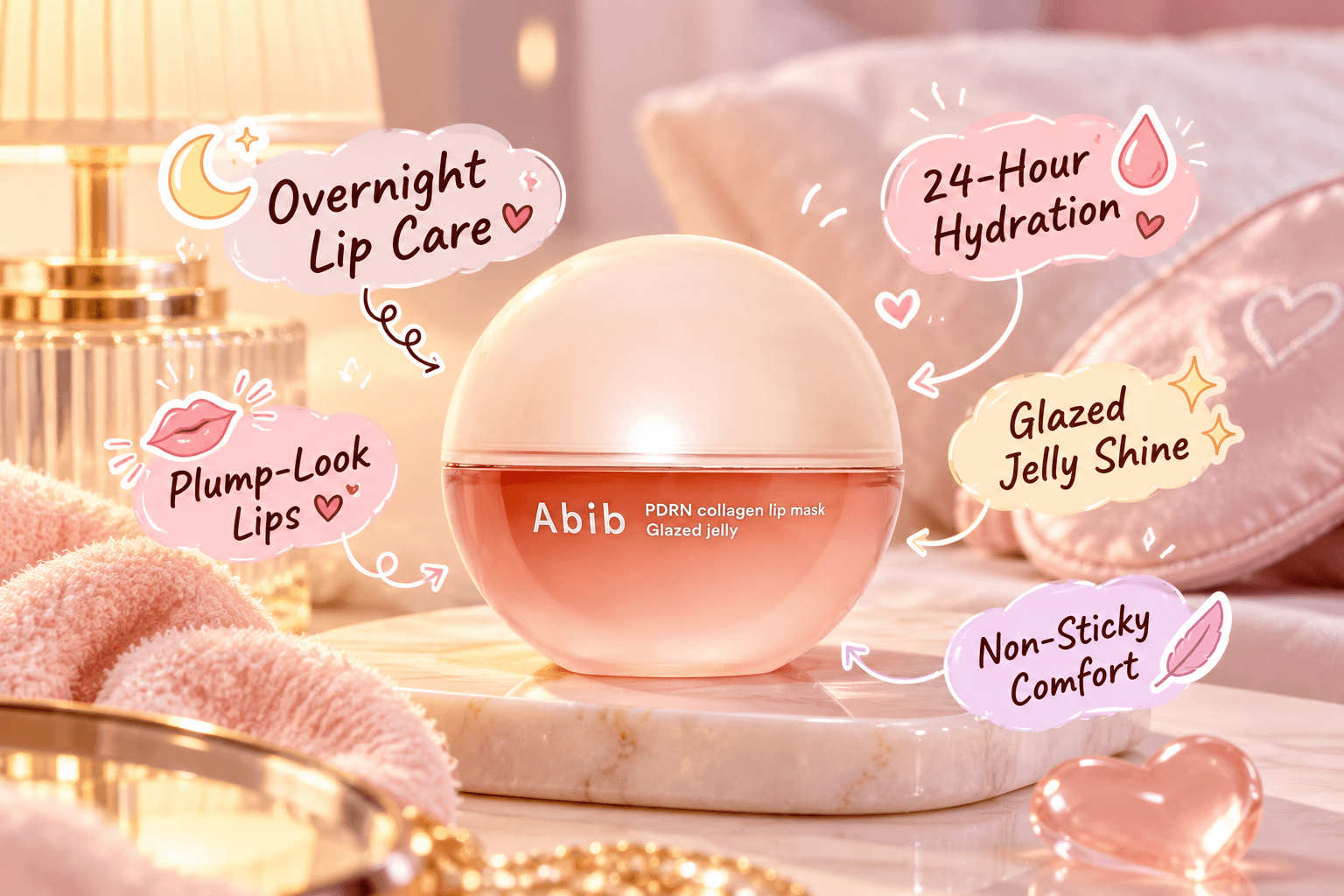 Abib PDRN Collagen Lip Mask in a peach-pink round jar on a cozy bedside vanity, surrounded by hearts and pastel doodles highlighting overnight lip care, 24-hour hydration, glossy jelly shine, and non-sticky comfort.