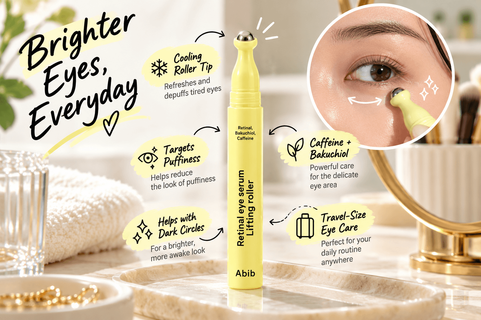 Abib Retinal Eye Serum Lifting Roller in a bright yellow tube with a metal roller tip, shown beside an under-eye application close-up and playful labels for caffeine, bakuchiol, puffiness, dark circles, and portable eye care.