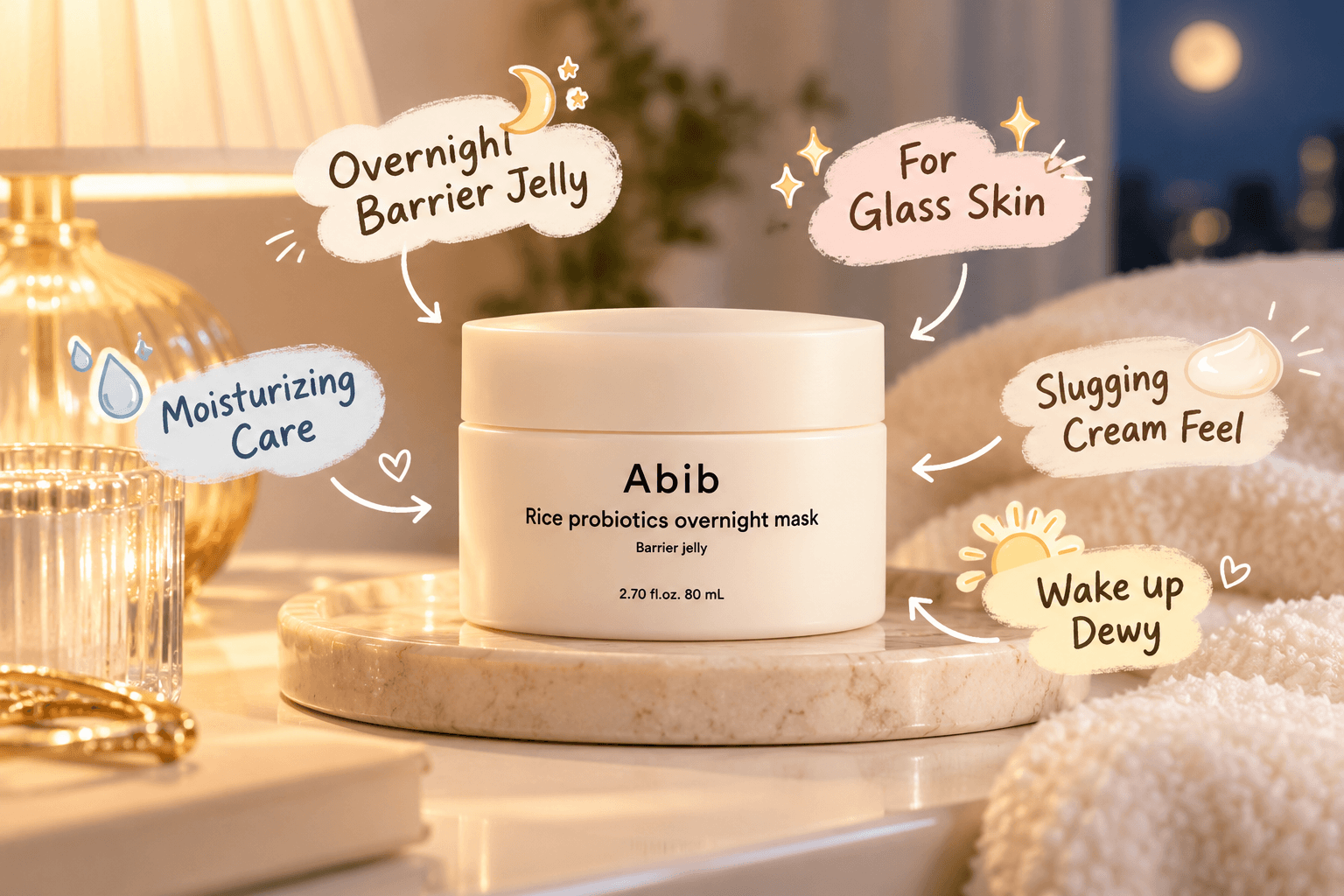 Abib Rice Probiotics Overnight Mask in a cream-colored jar on a warmly lit bedside vanity, with moon and sparkle illustrations highlighting overnight barrier care, moisturizing jelly texture, glass-skin glow, and a dewy morning look.