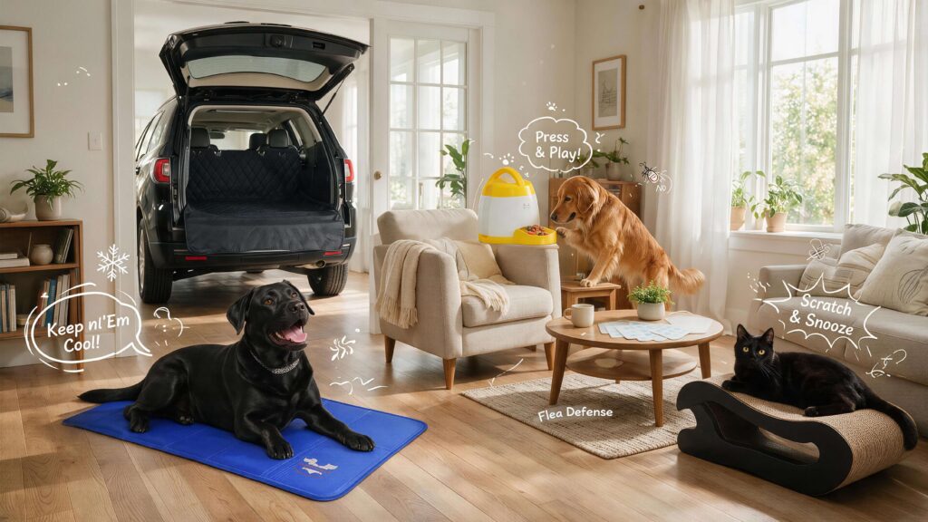 Arf Pets pet products in a sunny living room: a Black Labrador on the blue self-cooling mat, a golden retriever pressing the interactive treat dispenser button, a black cat on the curved cardboard scratcher, flea-repellent pads on the coffee table, and the quilted cargo liner in the background — with playful cartoon annotations.