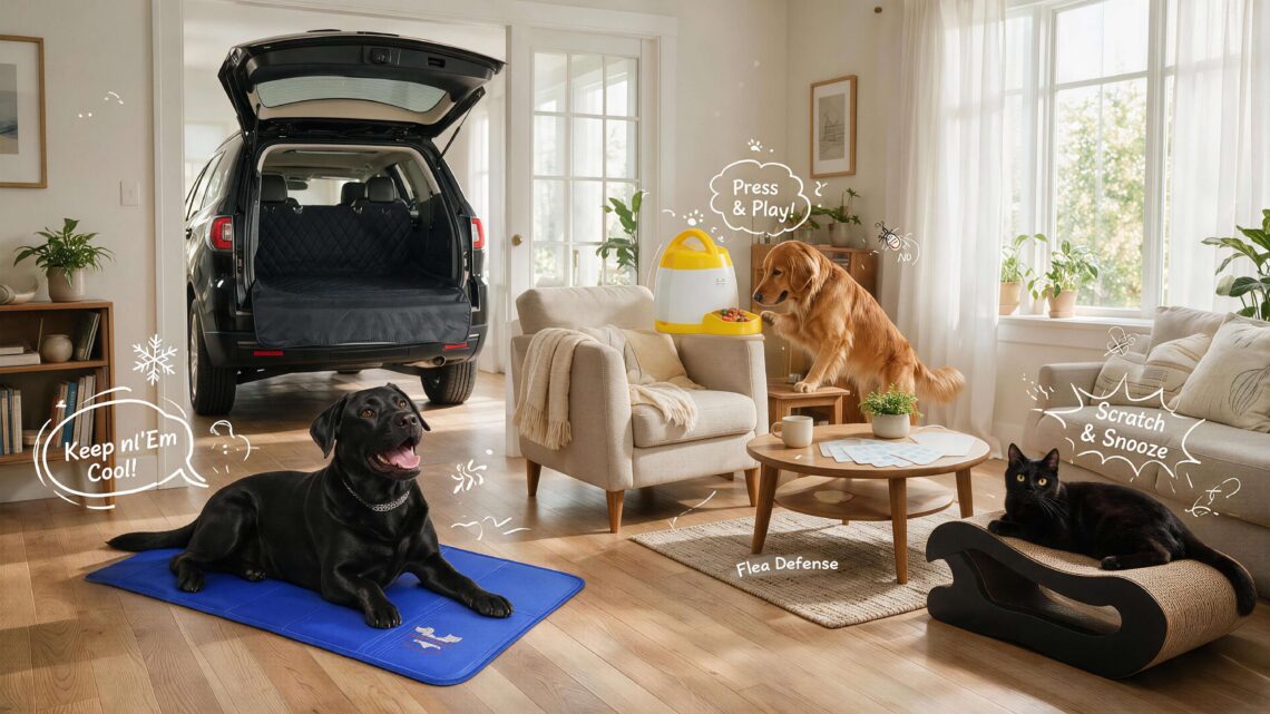 Arf Pets pet products in a sunny living room: a Black Labrador on the blue self-cooling mat, a golden retriever pressing the interactive treat dispenser button, a black cat on the curved cardboard scratcher, flea-repellent pads on the coffee table, and the quilted cargo liner in the background — with playful cartoon annotations.