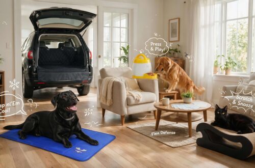 Arf Pets pet products in a sunny living room: a Black Labrador on the blue self-cooling mat, a golden retriever pressing the interactive treat dispenser button, a black cat on the curved cardboard scratcher, flea-repellent pads on the coffee table, and the quilted cargo liner in the background — with playful cartoon annotations.