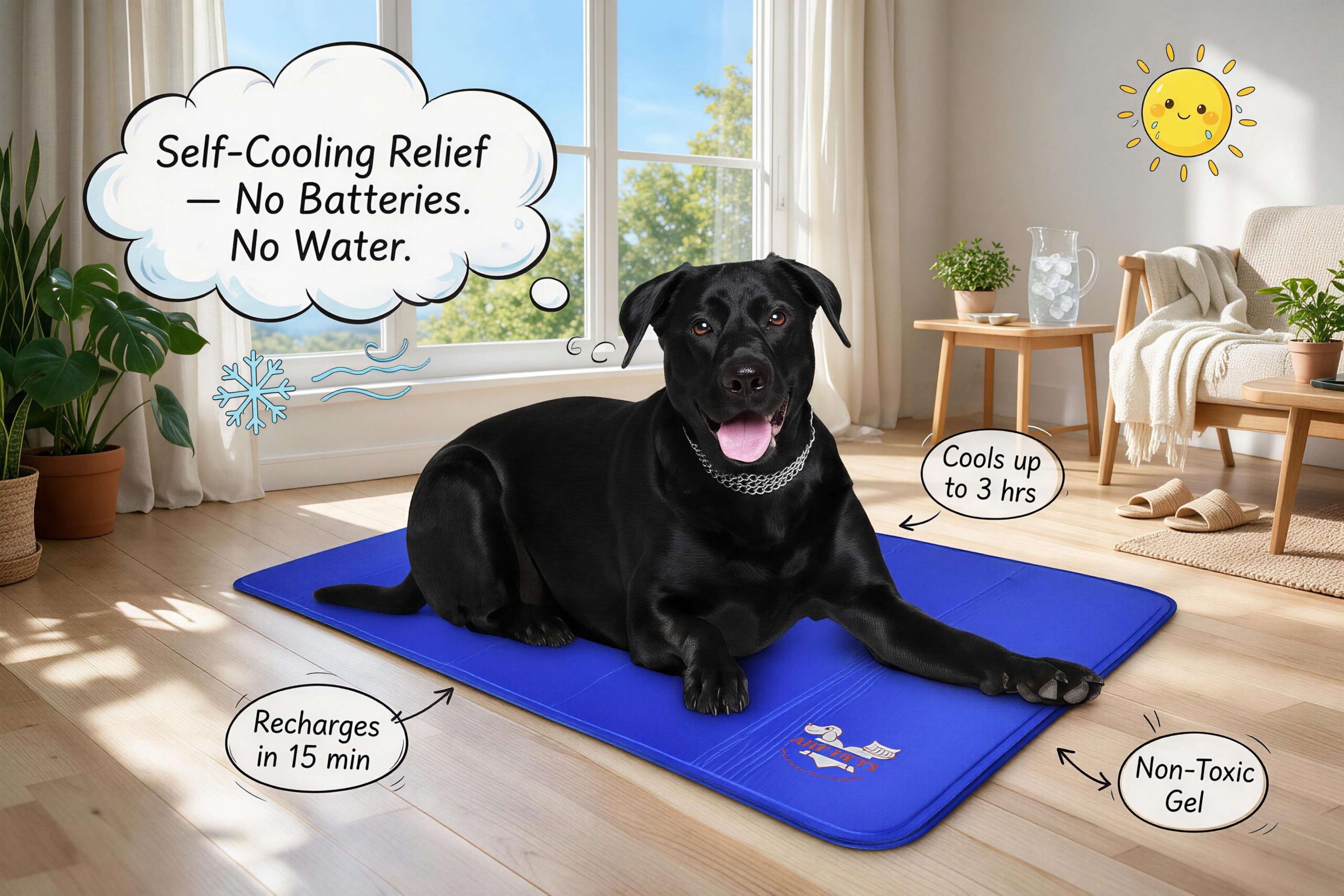 A Black Labrador relaxing on the royal-blue Arf Pets self-cooling gel mat in a bright sunny room, with cartoon callouts reading "Self-Cooling Relief β No Batteries. No Water.", "Cools up to 3 hrs", "Recharges in 15 min" and "Non-Toxic Gel".