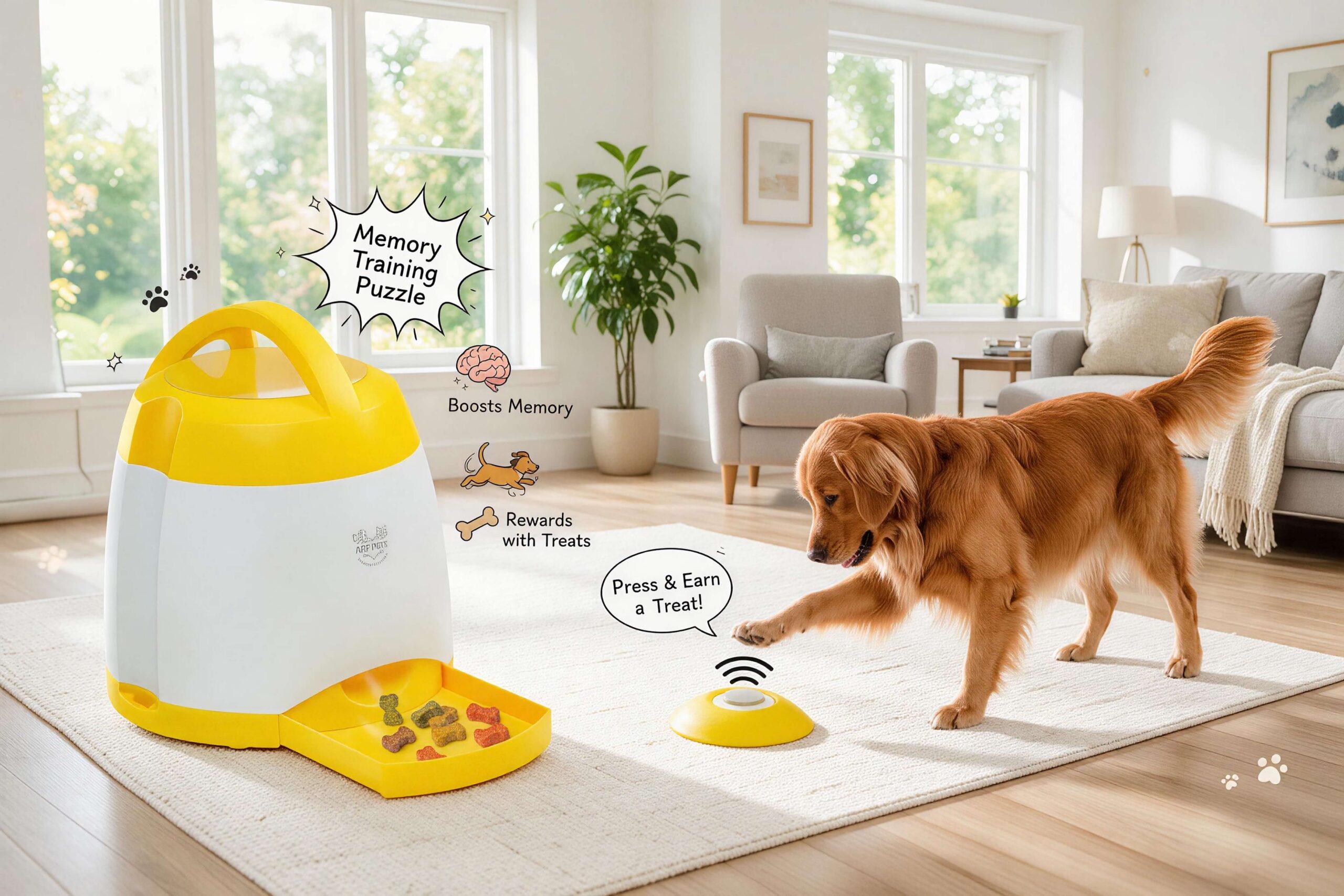 A golden retriever pressing the yellow remote button next to the yellow-and-white Arf Pets interactive treat dispenser filled with treats, with cartoon annotations "Press & Earn a Treat!", "Memory Training Puzzle", "Boosts Memory", "Burns Energy", "Rewards with Treats".
