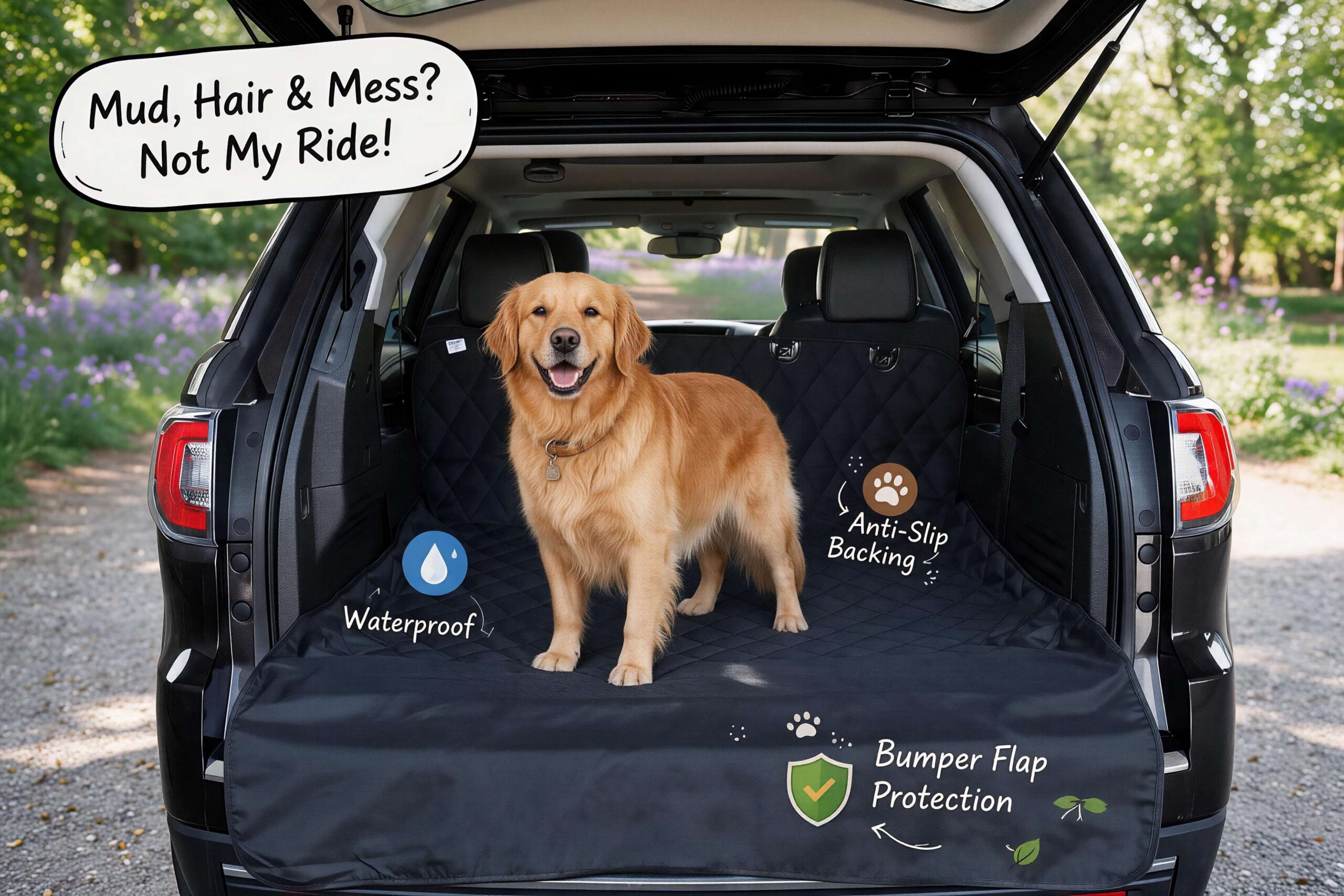 A golden retriever standing on the black diamond-quilted Arf Pets SUV cargo liner at a park trailhead, covering the back seats and bumper flap, with cartoon callouts "Mud, Hair & Mess? Not My Ride!", "Waterproof", "Anti-Slip Backing", "Bumper Flap Protection".
