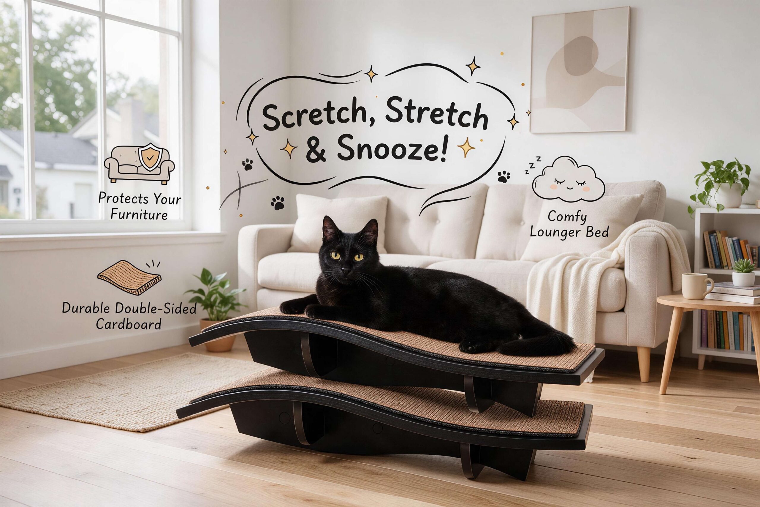 A sleek black cat lounging on the curved corrugated cardboard Arf Pets cat scratcher near a window, with cartoon annotations "Scratch, Stretch & Snooze!", "Protects Your Furniture", "Durable Double-Sided Cardboard", "Comfy Lounger Bed".