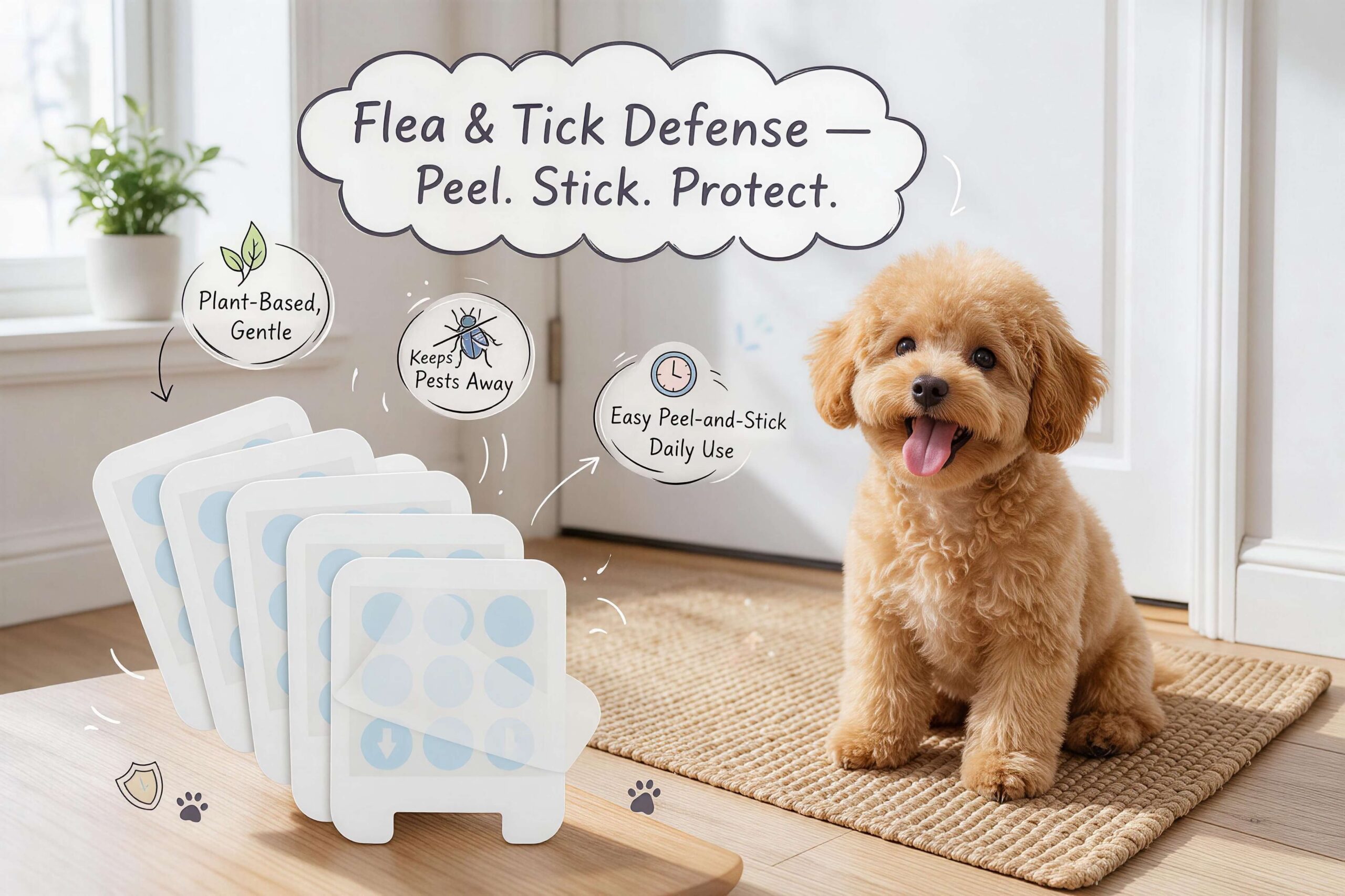A fan of six white Arf Pets peel-and-stick flea and tick repellent pads with light-blue dot grids beside a happy pet, with cartoon callouts "Flea & Tick Defense β Peel. Stick. Protect.", "Plant-Based, Gentle", "Keeps Pests Away", "Easy Peel-and-Stick Daily Use".