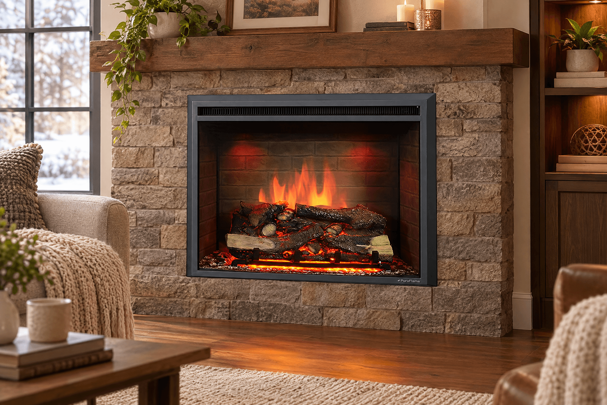 PuraFlame recessed electric fireplace (B01LA3VHHU) in a real-life living room scene, featuring realistic flames and log effects set in a stone wall with wooden mantel, sofa, and plants, creating a warm and cozy atmosphere.