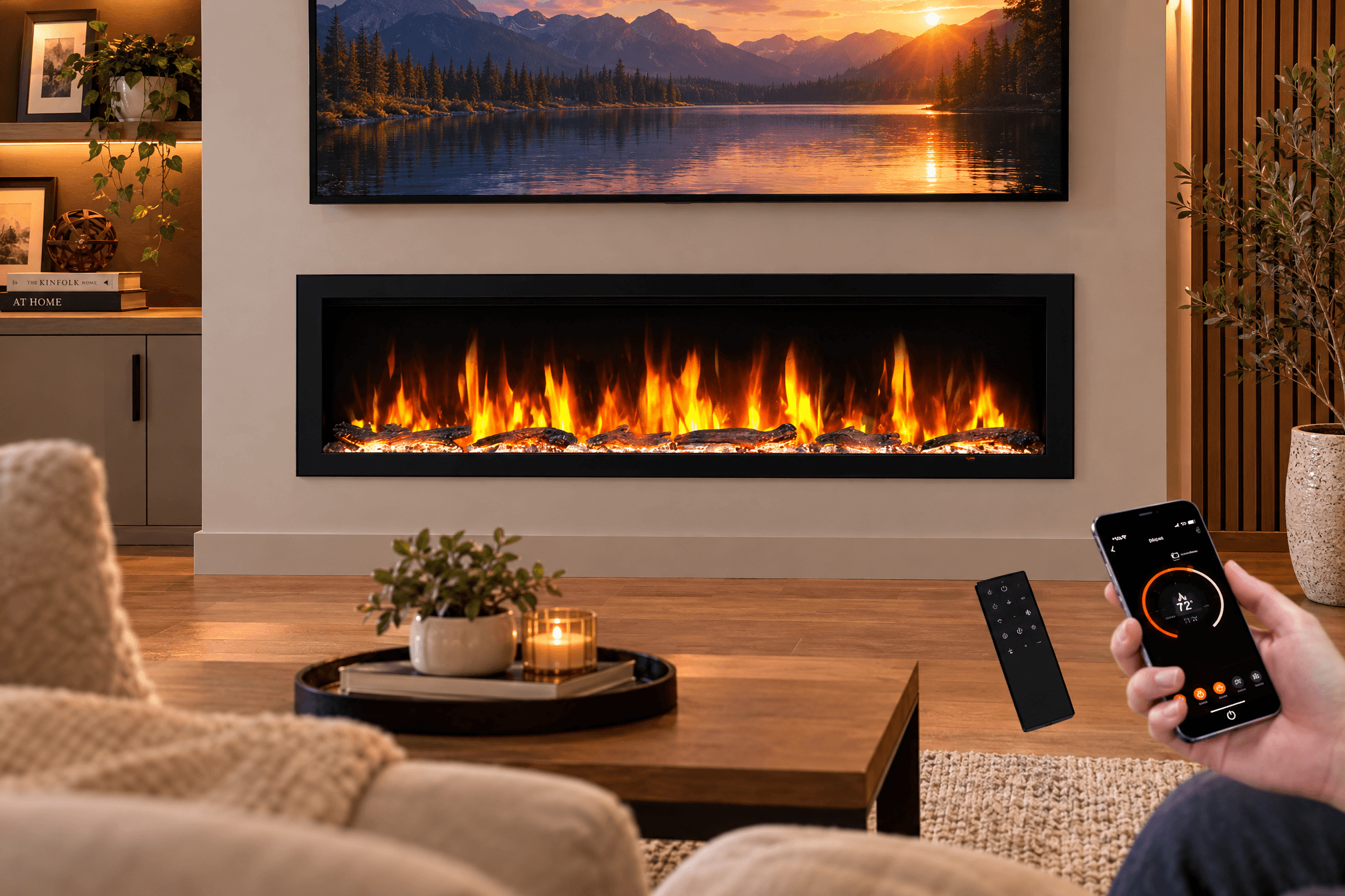 PuraFlame Bernice 60-inch smart linear electric fireplace (B0CZ3BZFCN) in a real-life modern living room scene, featuring a wide recessed fireplace with bright flames, wall-mounted TV above, and smartphone app plus remote control in the foreground, blending cozy warmth with smart technology.