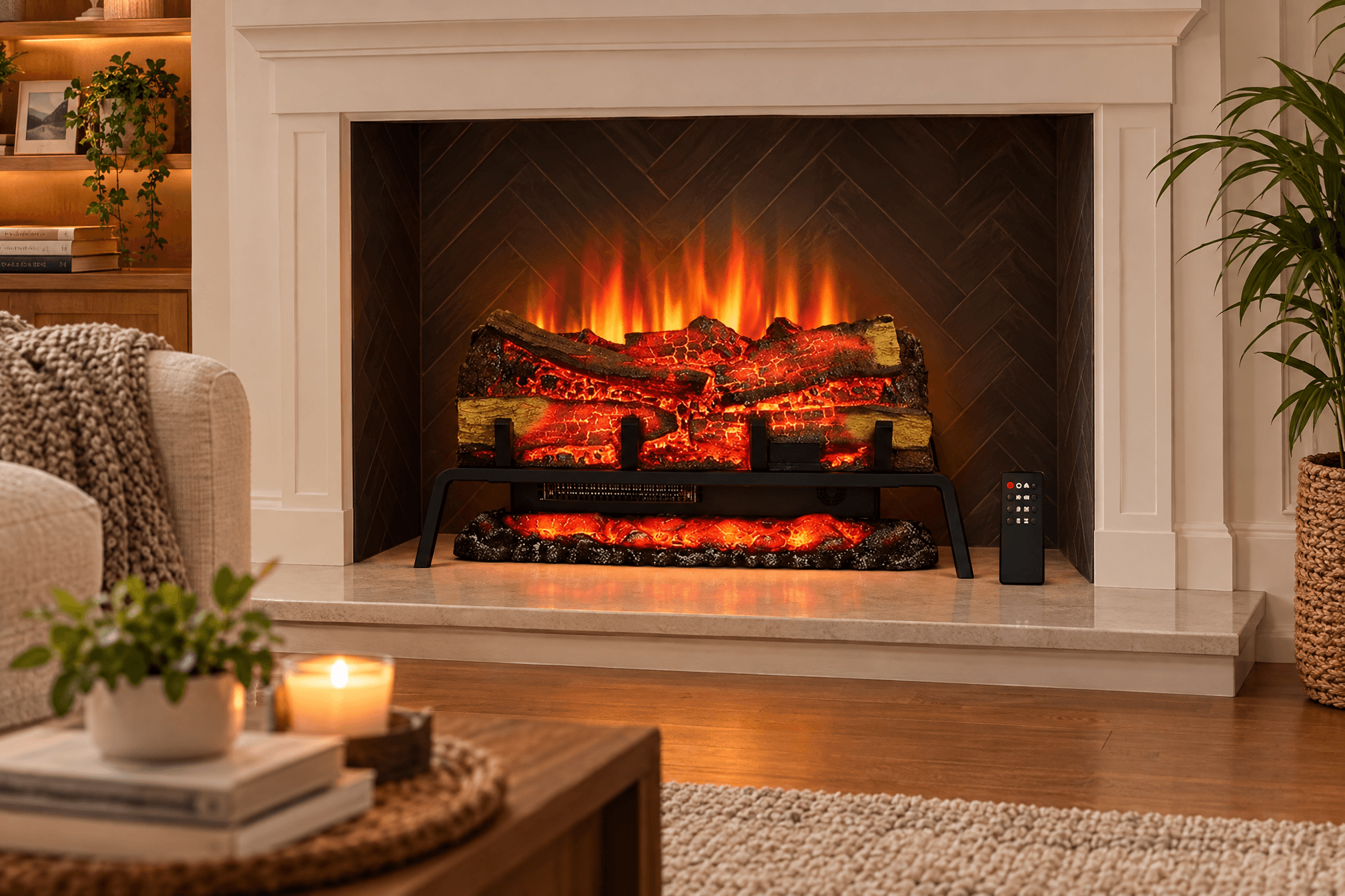 PuraFlame electric log set fireplace (B0FMDLZXWY) in a real-life modern living room scene, featuring realistic flames and glowing logs inside a white mantel, surrounded by sofa, coffee table, and plants for a warm home aesthetic.