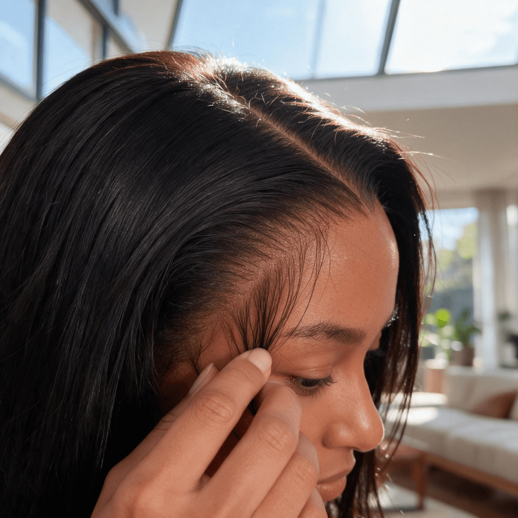 BEEOS wig ultra natural invisible hairline install effect Amazon main product image, dark skin woman under bright skylight natural daylight, wig hairline perfectly melts into real scalp, seamless no-trace finish