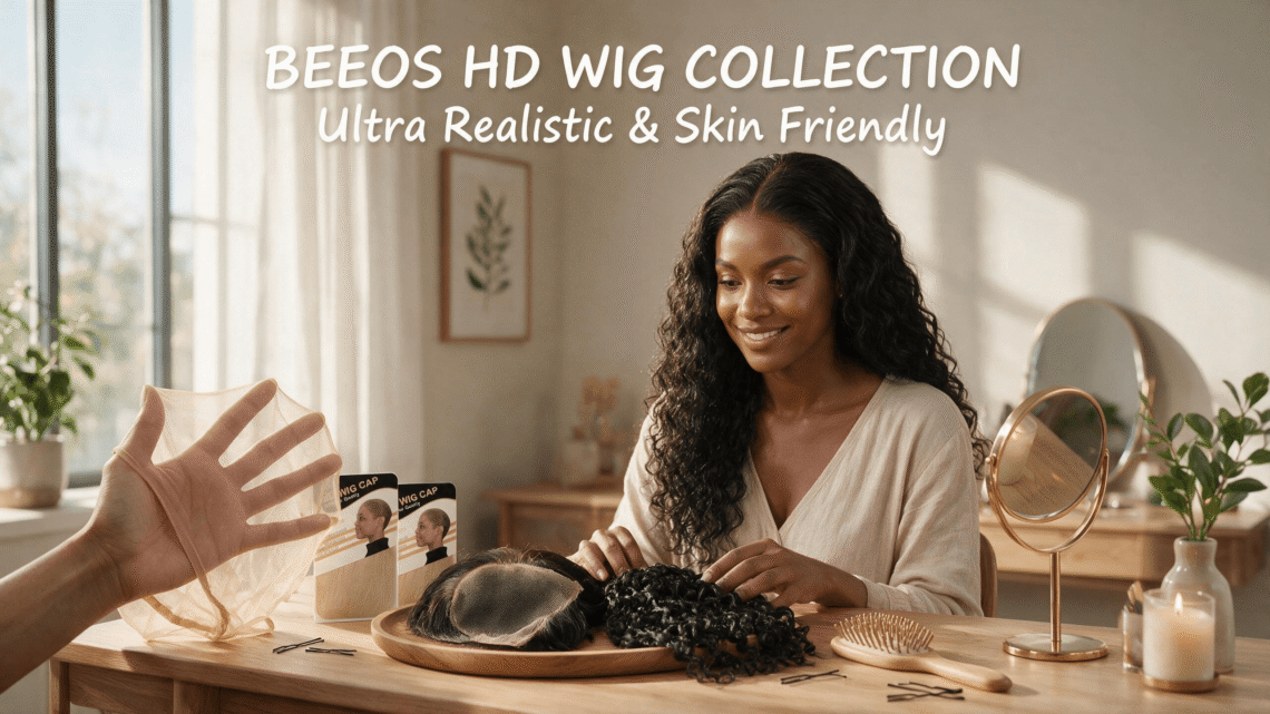 BEEOS Amazon store full wig accessories lifestyle promotional banner, HD ultra-thin wig cap, real human hair lace closure, invisible seamless hairline, water wave crochet hair extensions, warm cozy home hair salon natural daylight scene