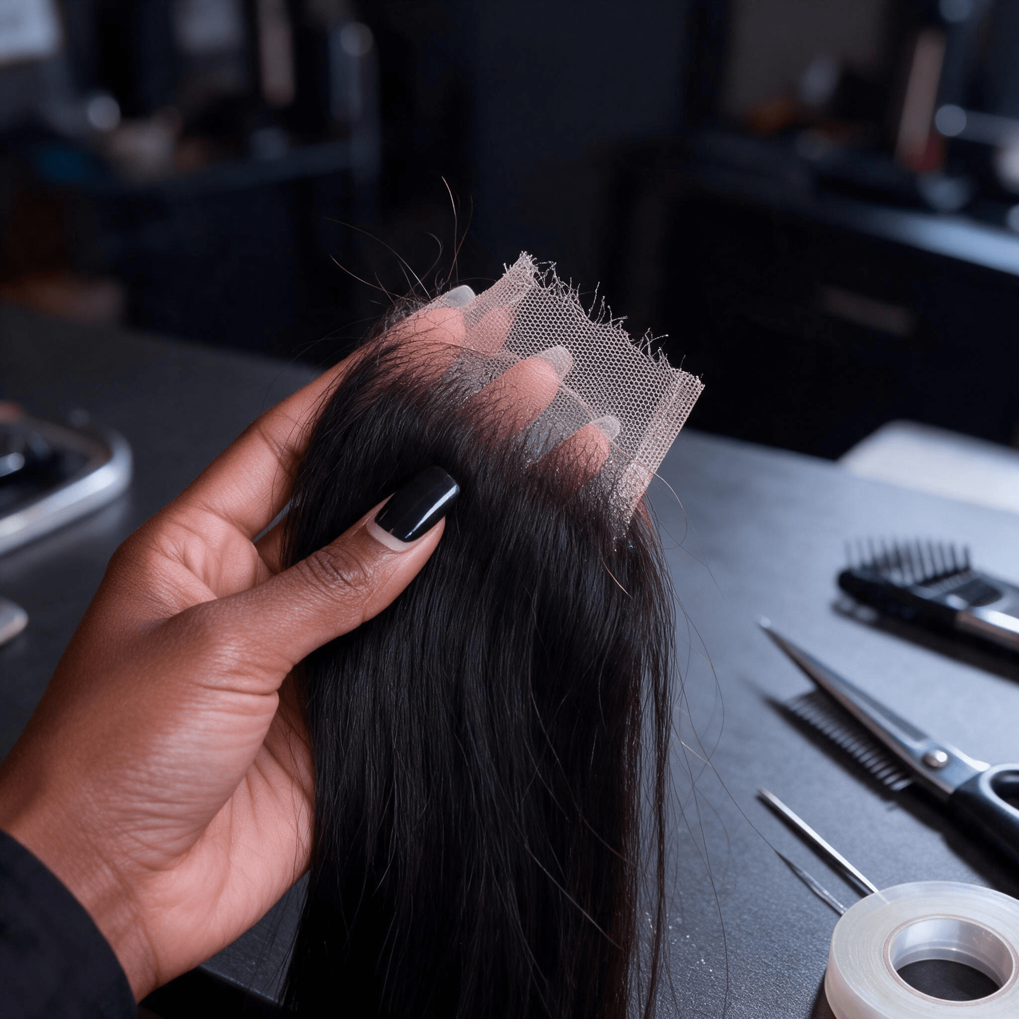 BEEOS real human hair HD clear lace frontal closure Amazon main product image, hand holding the ultra-thin lace to show invisible mesh base, sleek natural black human hair strands, dark premium hair studio background