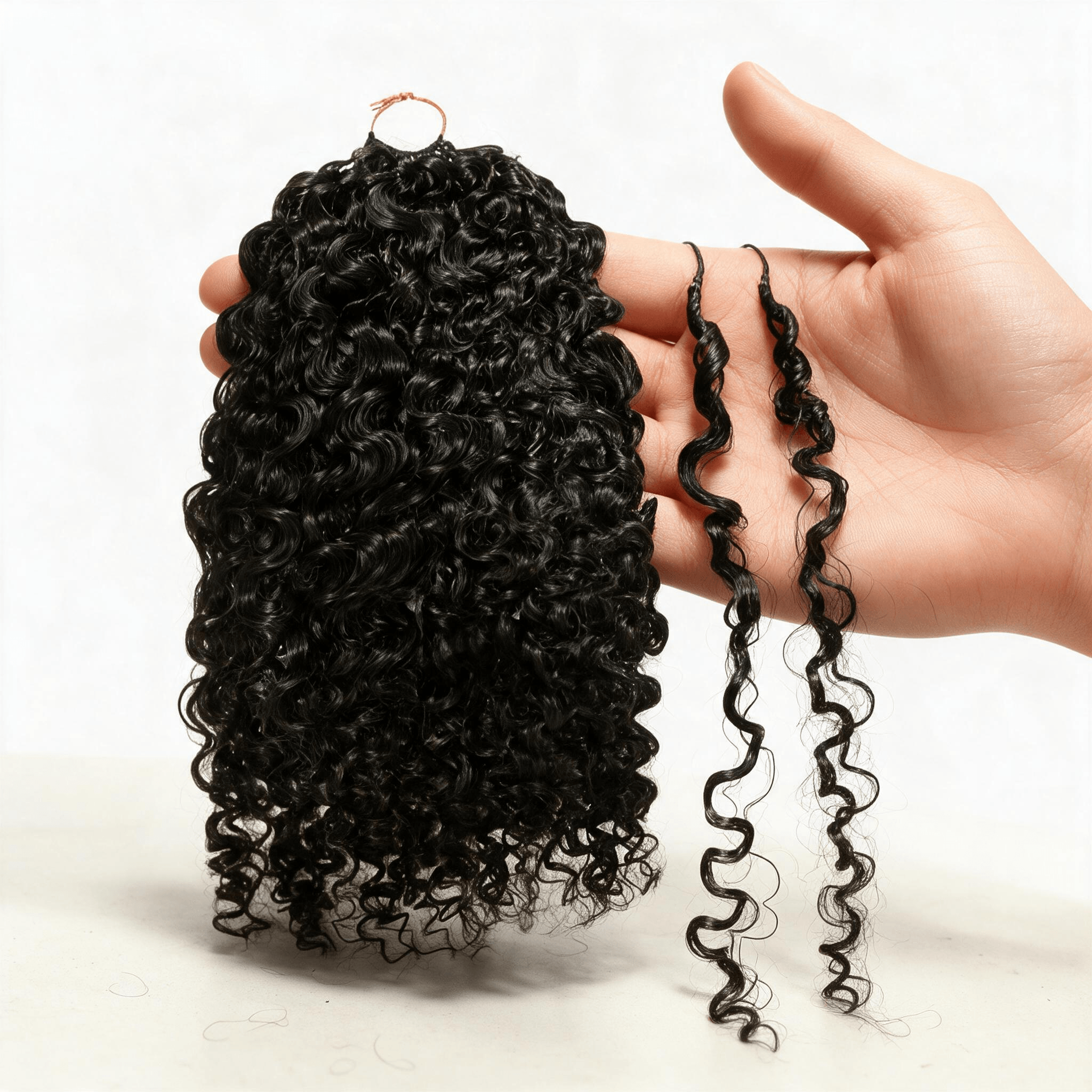 BEEOS real human hair water wave micro curl feather hair extensions Amazon main product image, hair bundles placed on palm to show bouncy defined natural wave texture, clean minimalist white studio soft light background